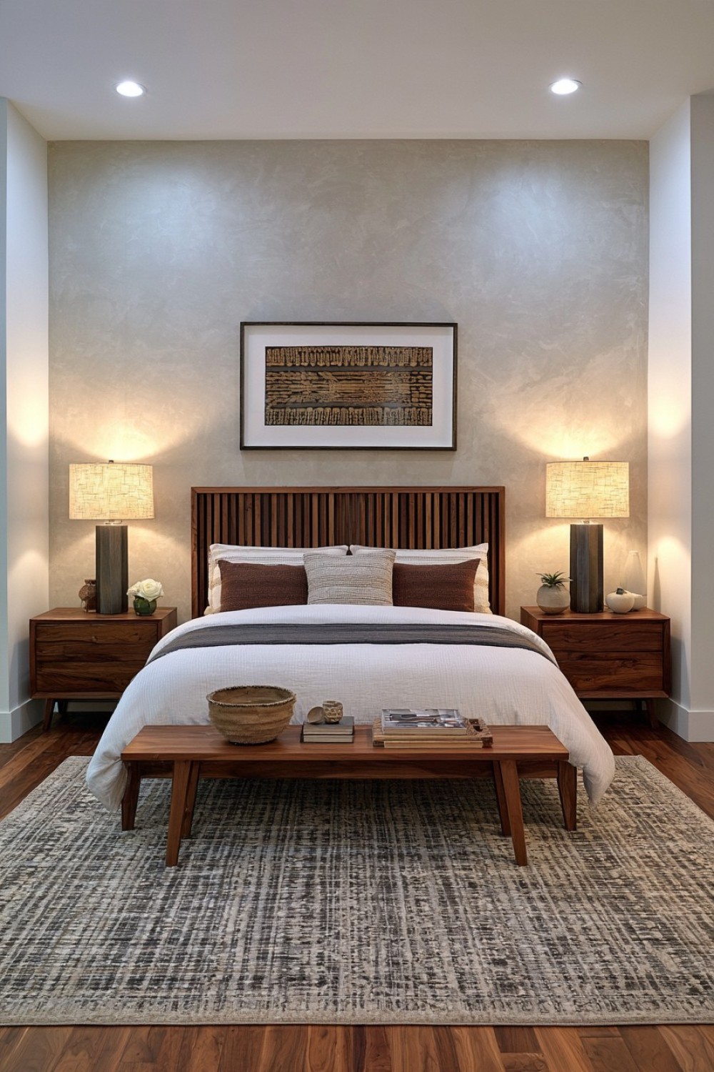 Warm limewash style walls in a comfortable basement guest suite