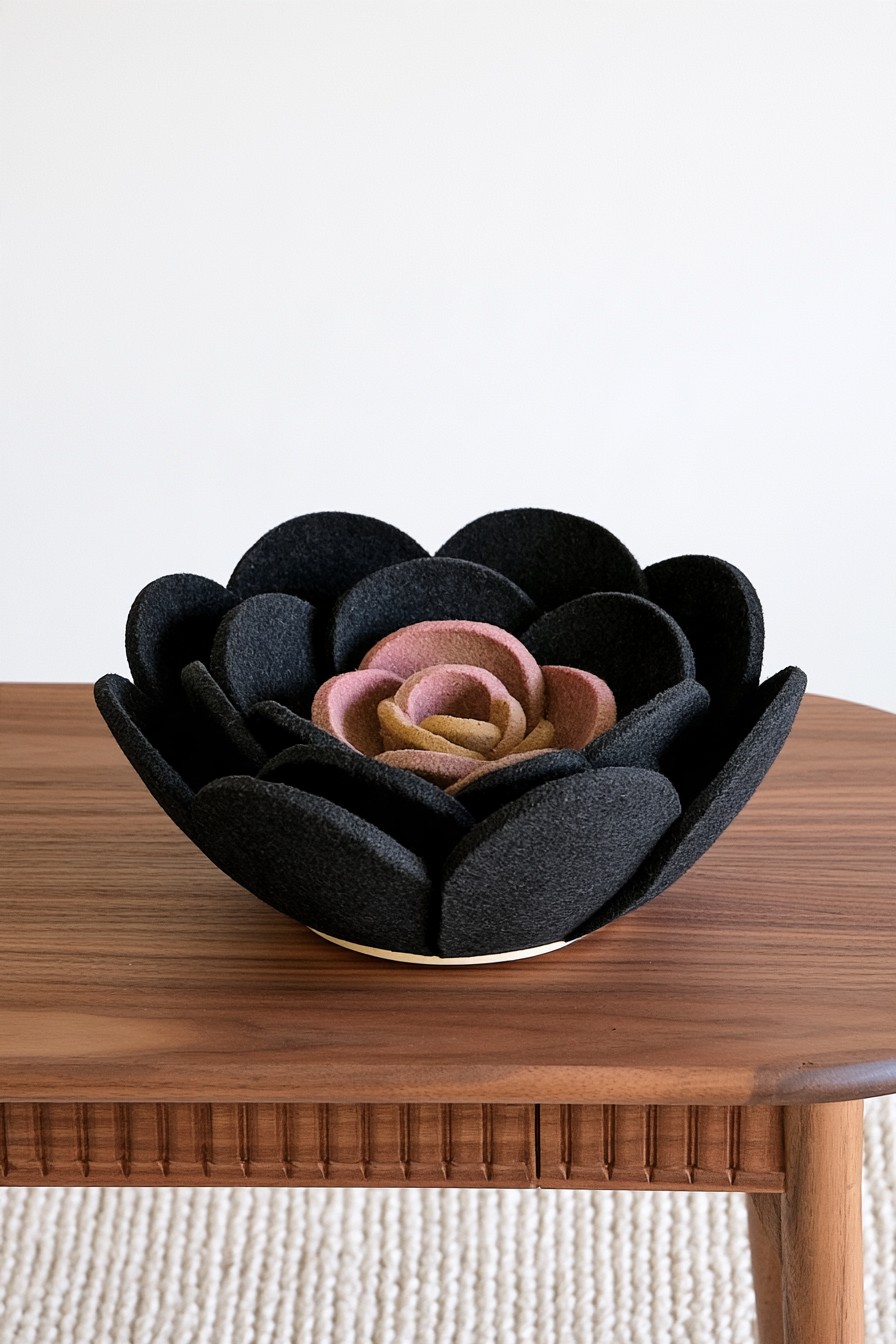 Large black rose shaped decorative sculpture with dusty pink and muted gold inner petals on a timber table