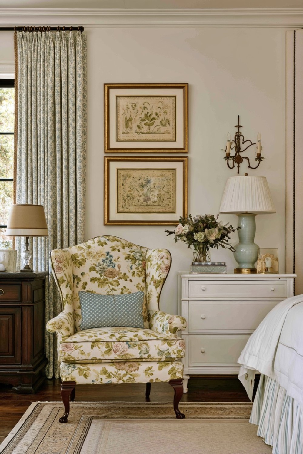 Chintz upholstered statement chair in a traditional Southern bedroom
