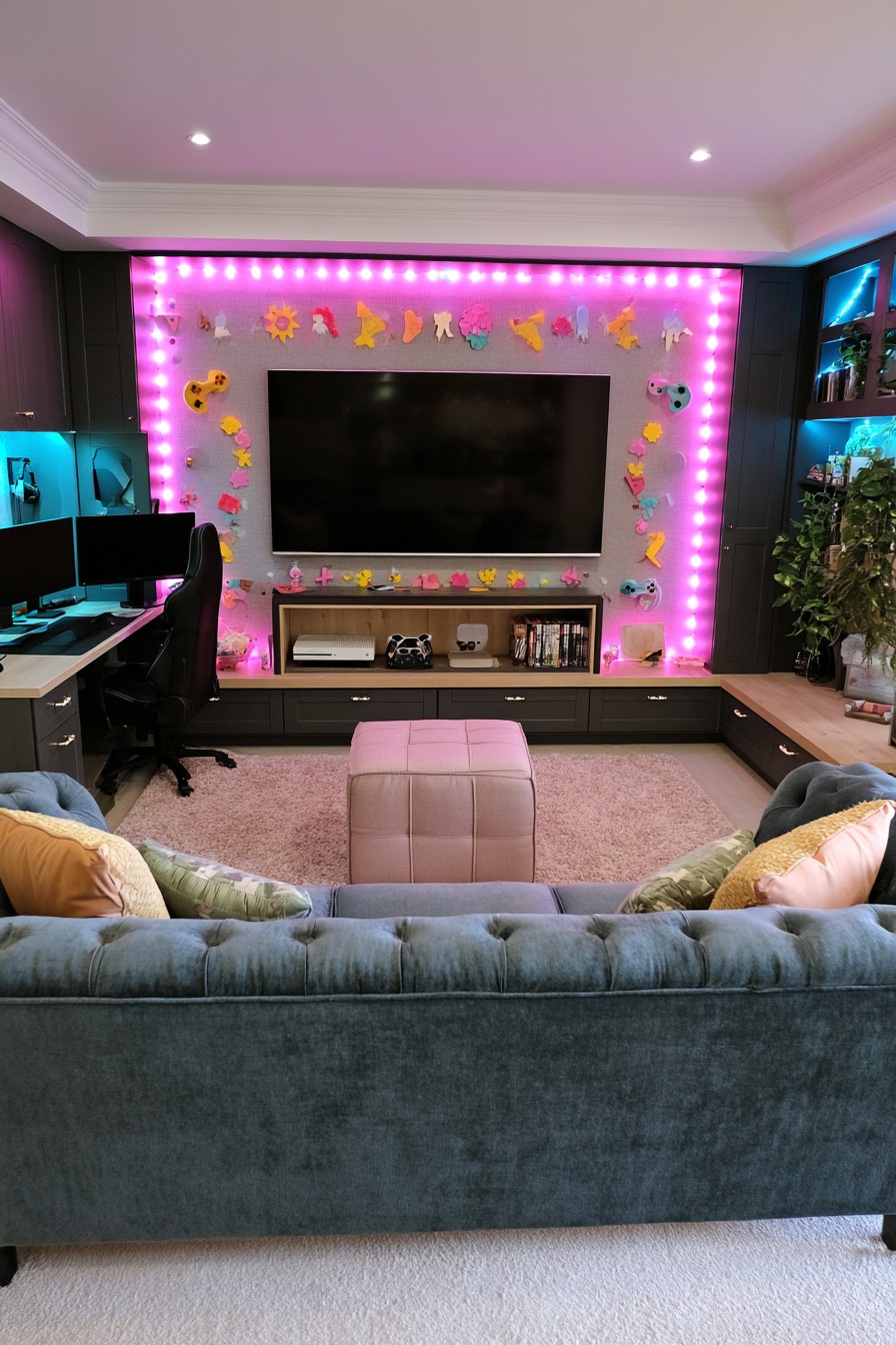 Dark media cabinets around a pink illuminated television panel, with a side PC desk, blue sofa, and pink ottoman