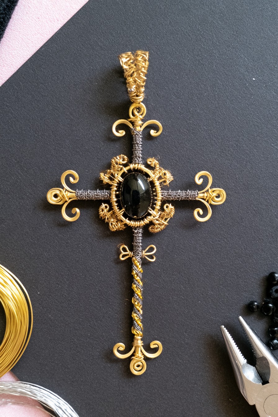 Ornate two-tone wire cross with black cabochon center