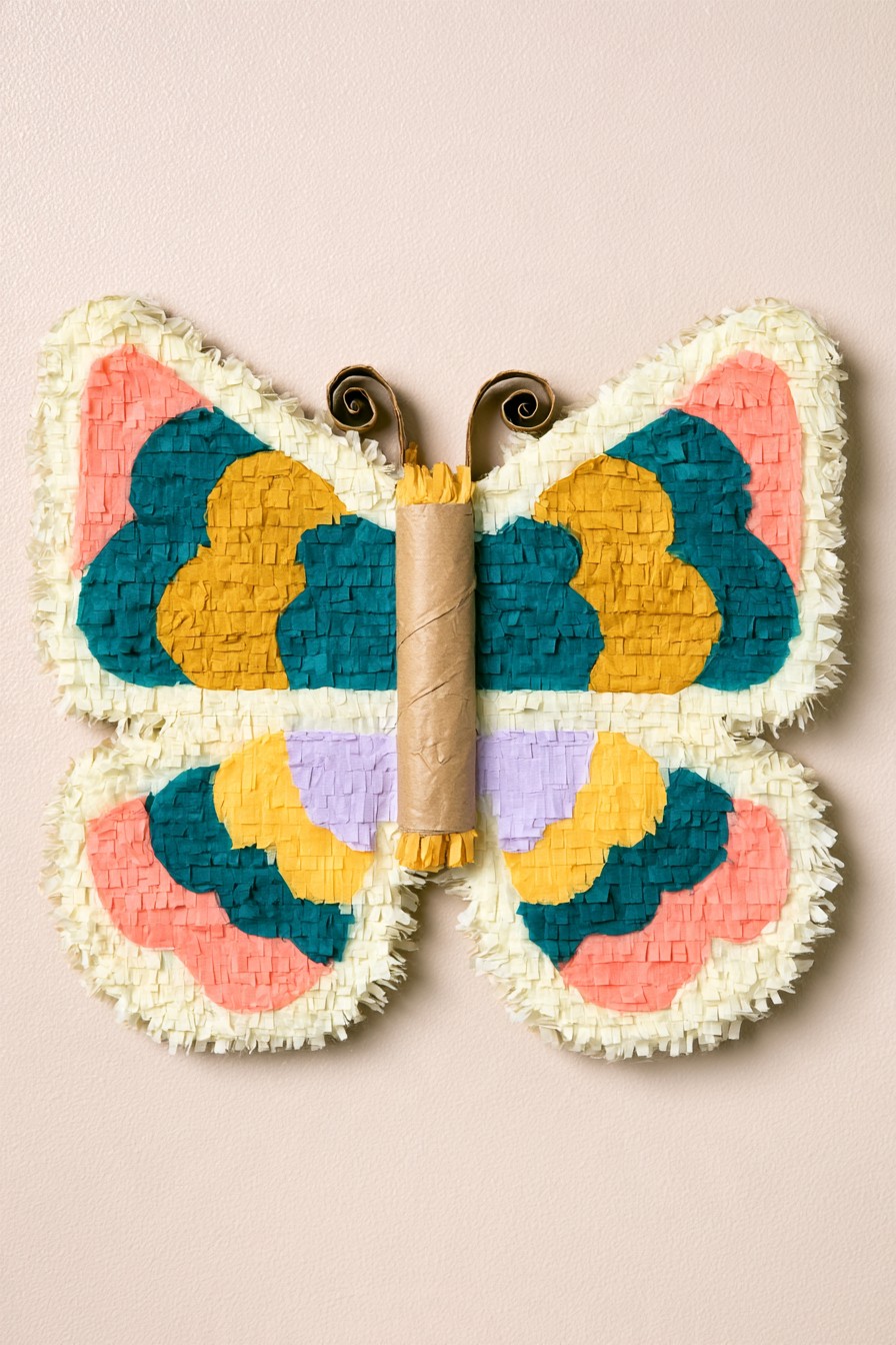 Colorful butterfly piñata with symmetrical fringed paper wings