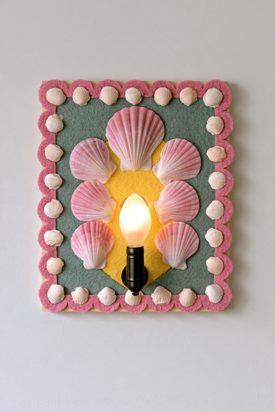 Decorative coastal wall sconce surrounded by layered pink and cream seashells