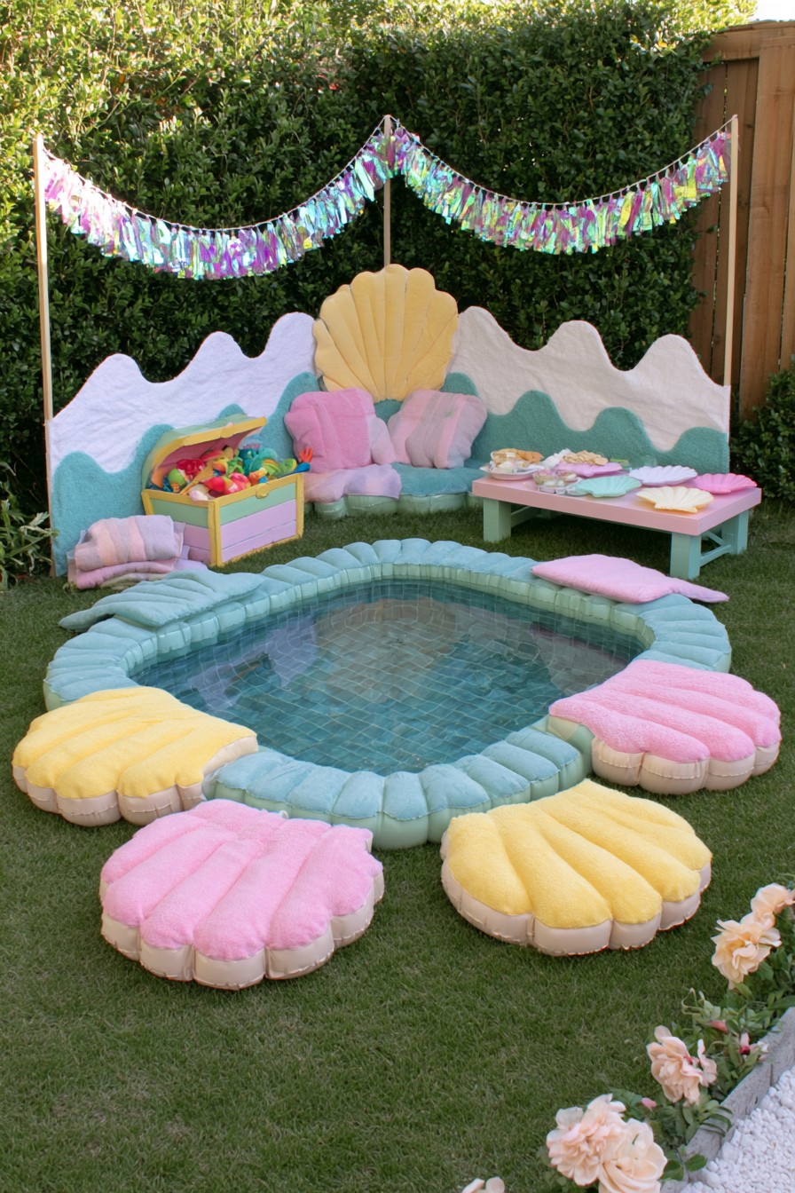 Mermaid-themed pool surrounded by pastel shell cushions with a scalloped backdrop