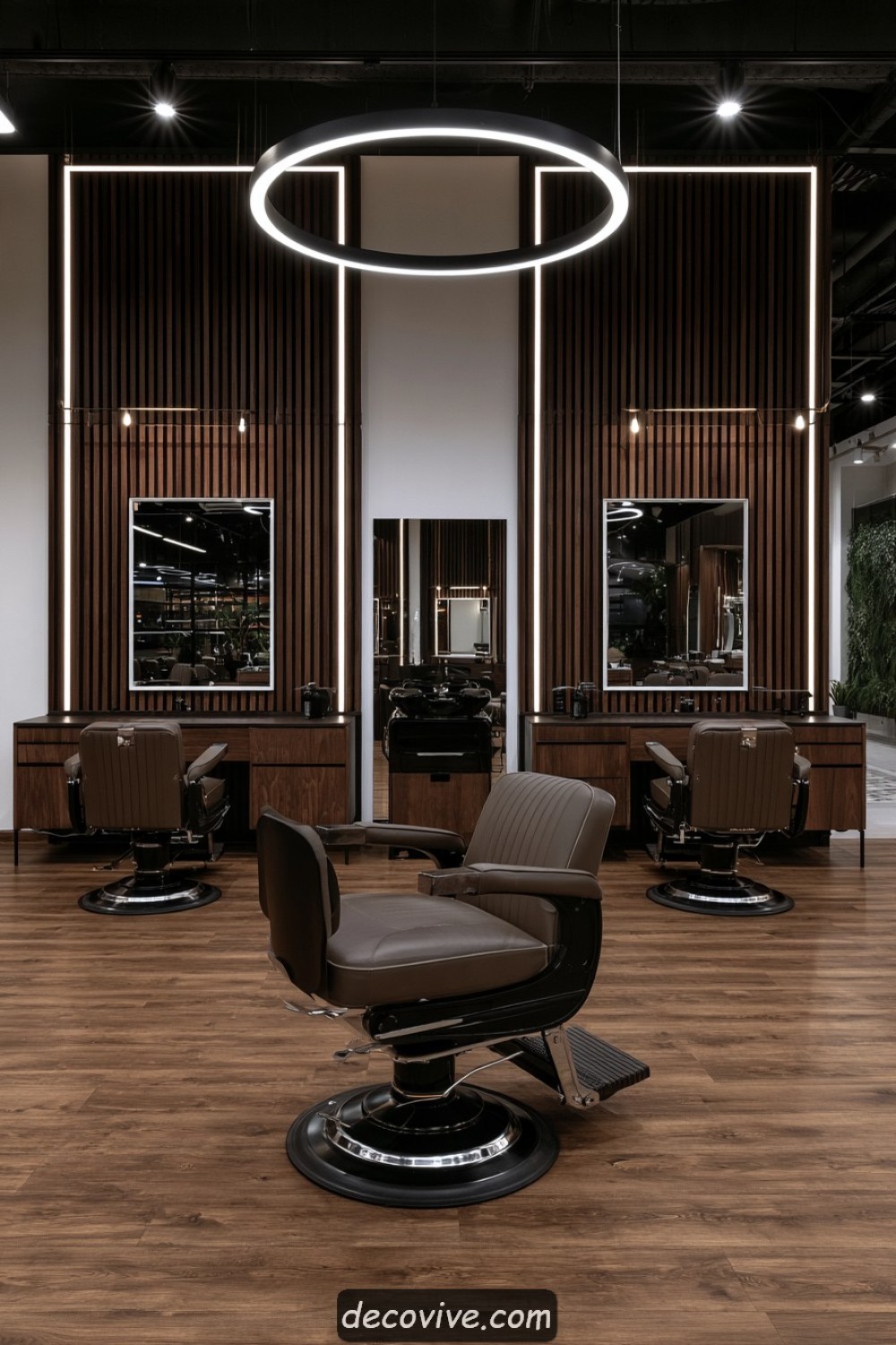 Barber workstations defined by vertical ribbed wood panels