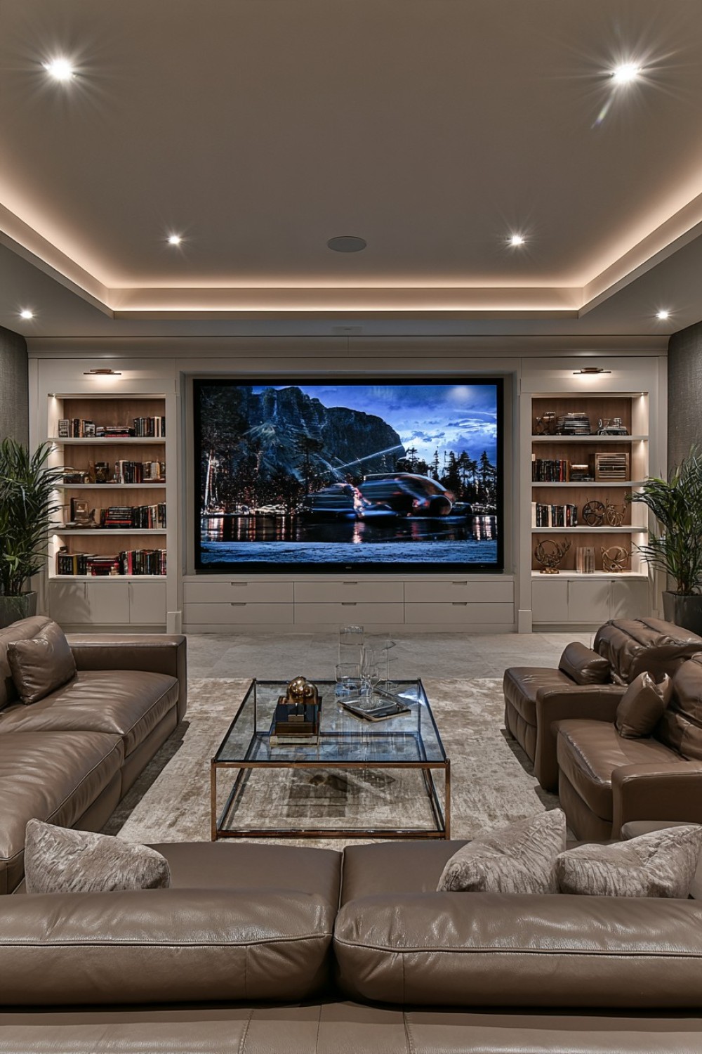 Rear home theater media library with concealed equipment storage