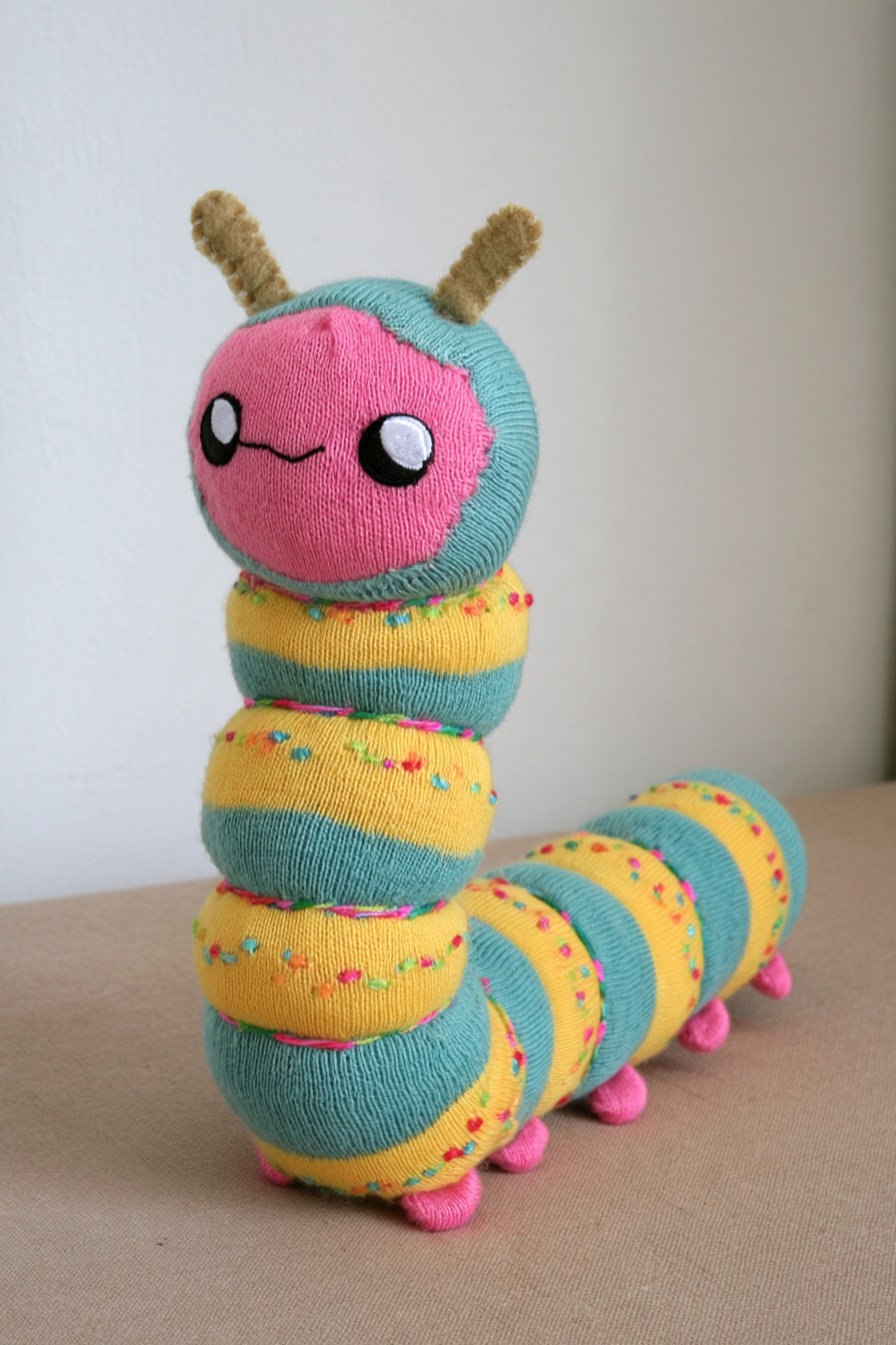 Turquoise and yellow segmented caterpillar with a pink face, short antennae and small pink feet