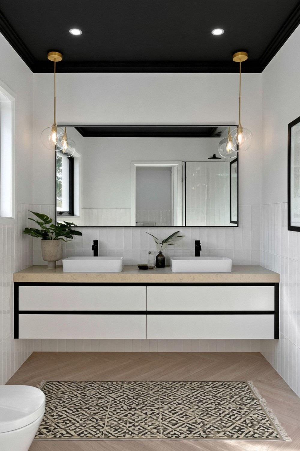Bathroom with a dramatic black ceiling and light walls
