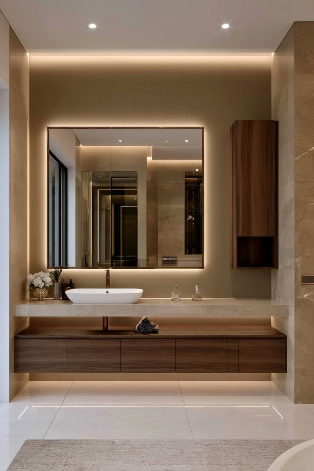 Asymmetrical contemporary vanity with offset basin and storage