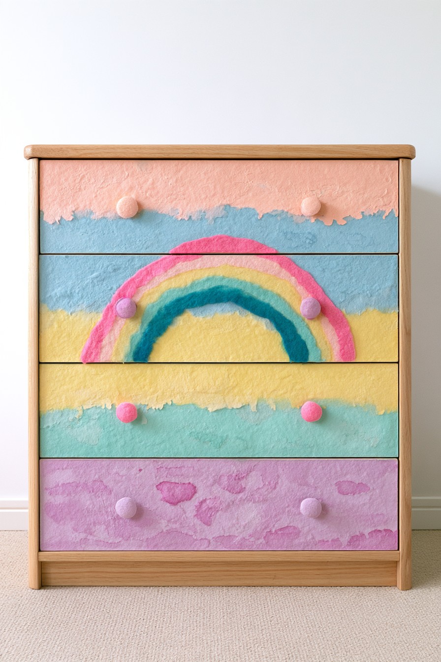 Natural wood dresser with pastel rainbow and multicolor painted drawer fronts