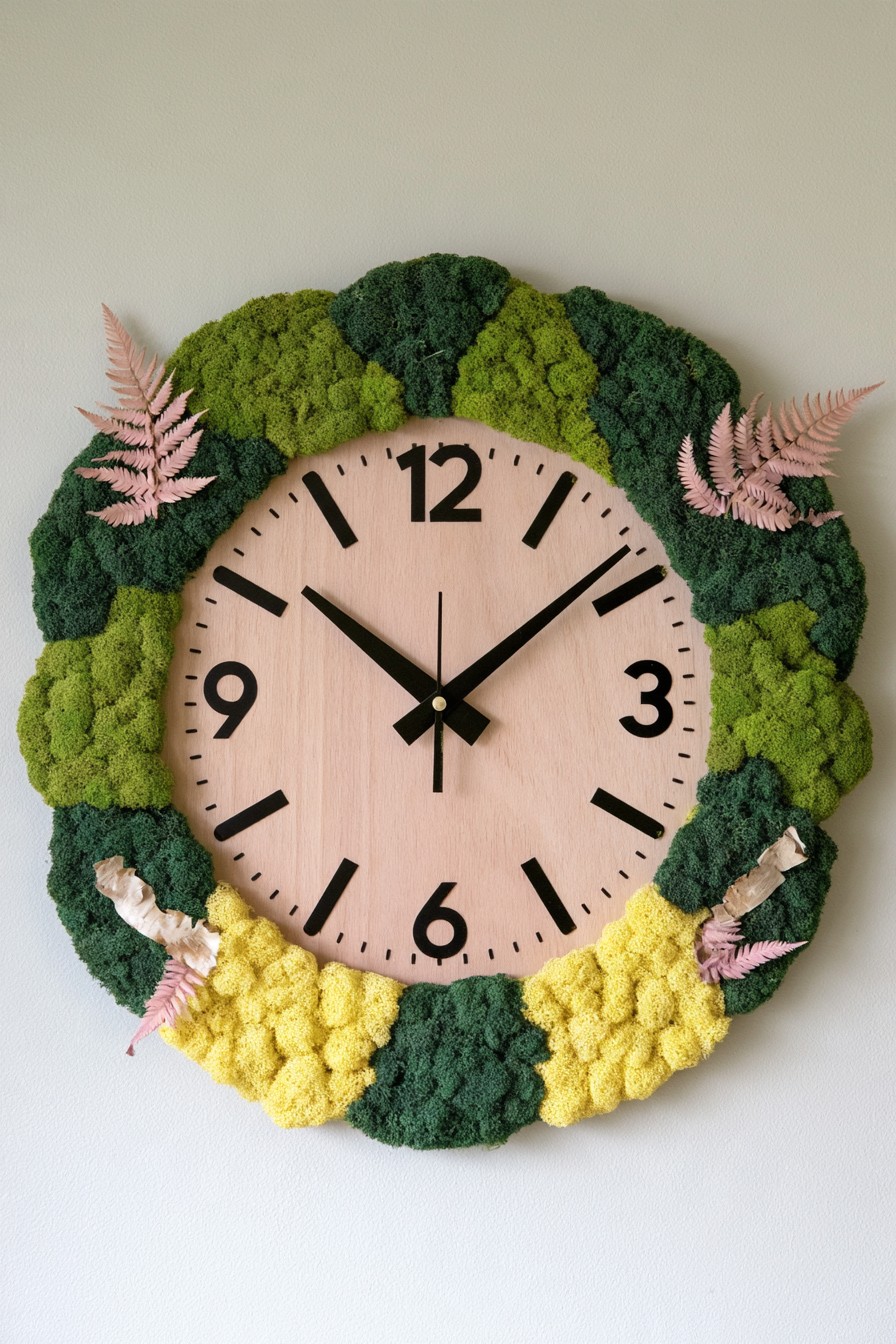 Round wooden wall clock surrounded by preserved moss