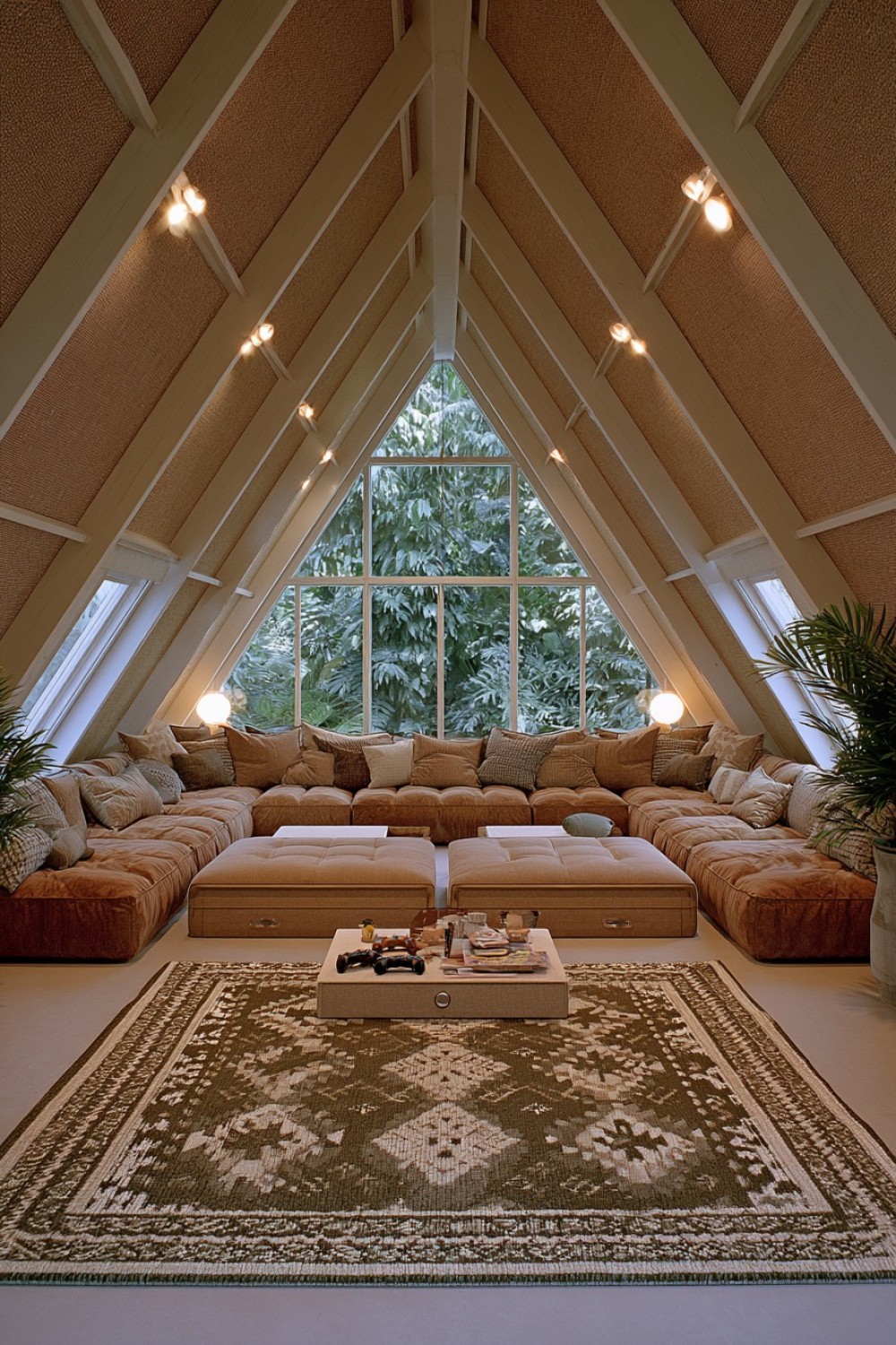 Modular floor-level lounge in an attic entertainment room