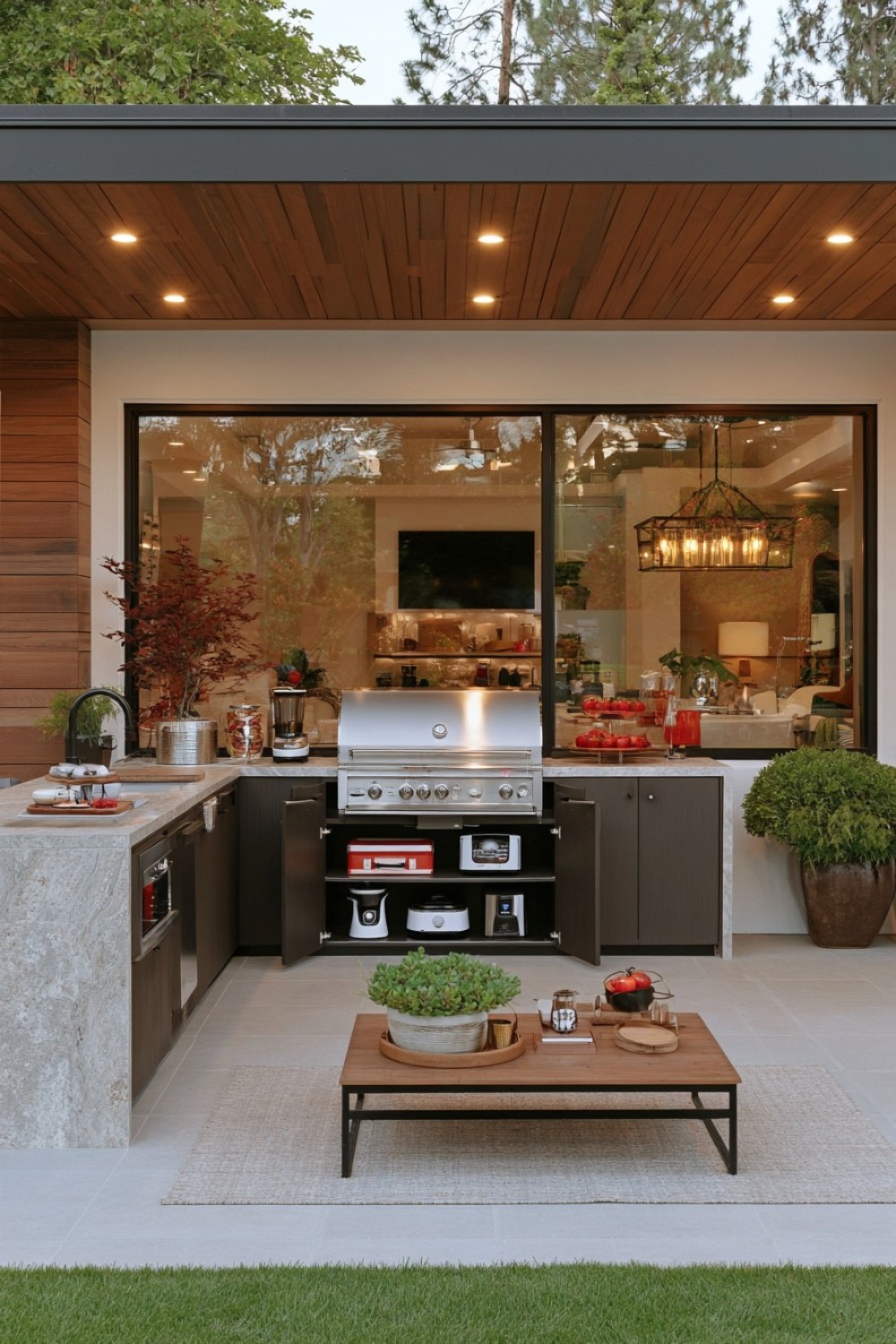 Outdoor kitchen cabinet storing small appliances behind closed doors