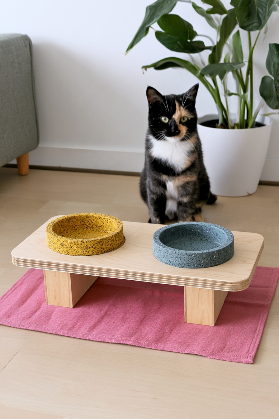 Raised wooden pet feeding station with two removable bowls