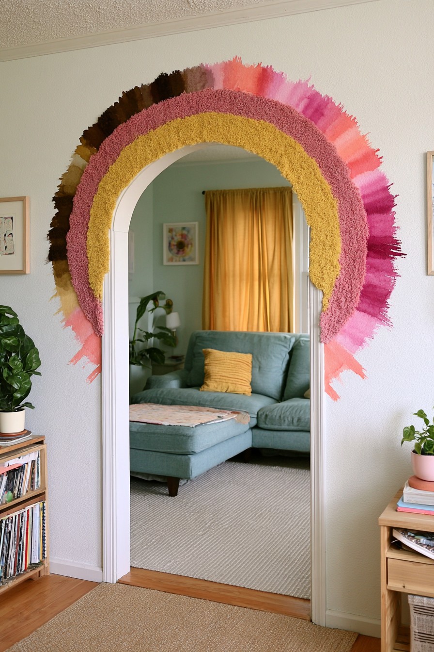 Mustard pink coral burgundy and brown painted rainbow doorway