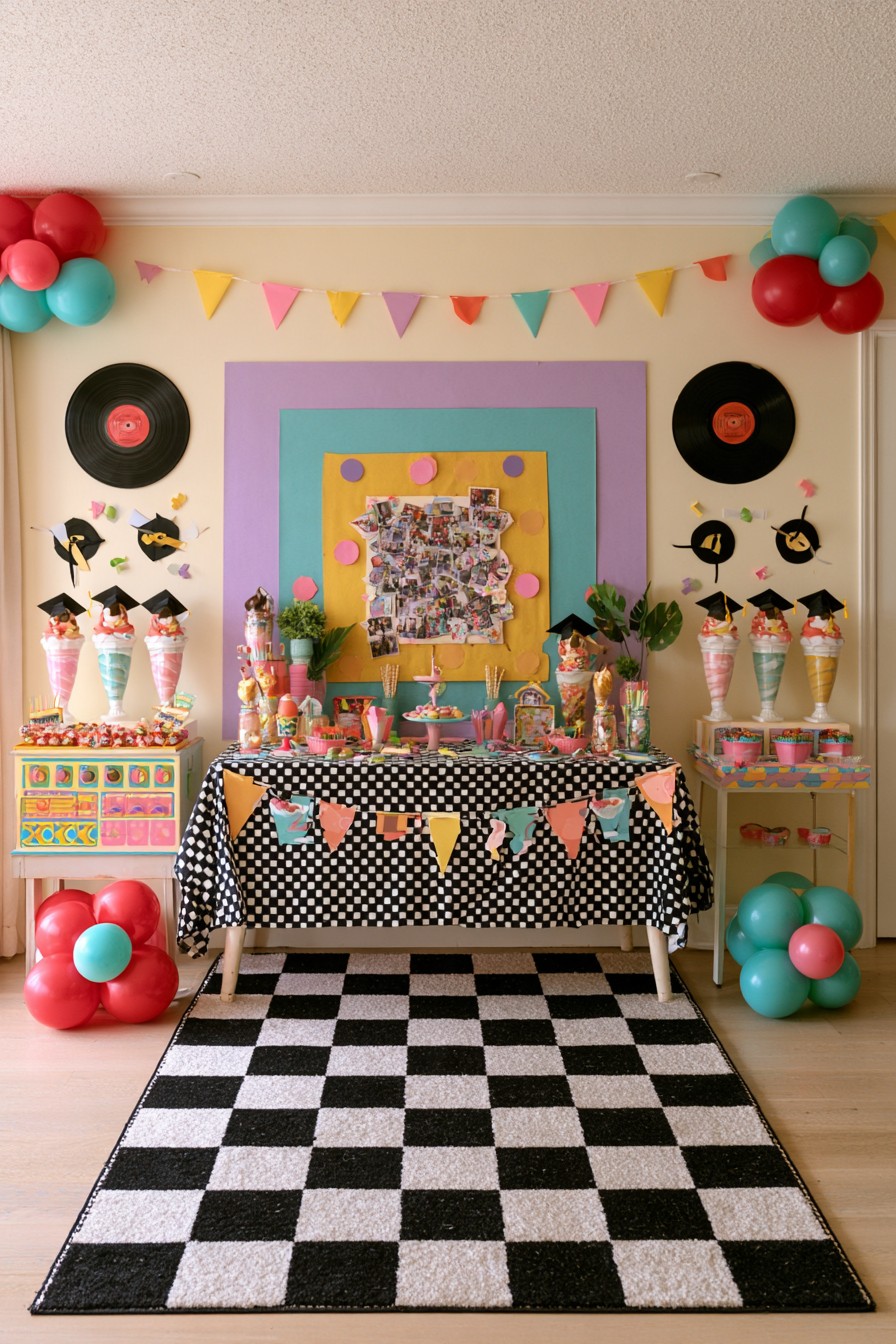 Colorful retro graduation dessert station