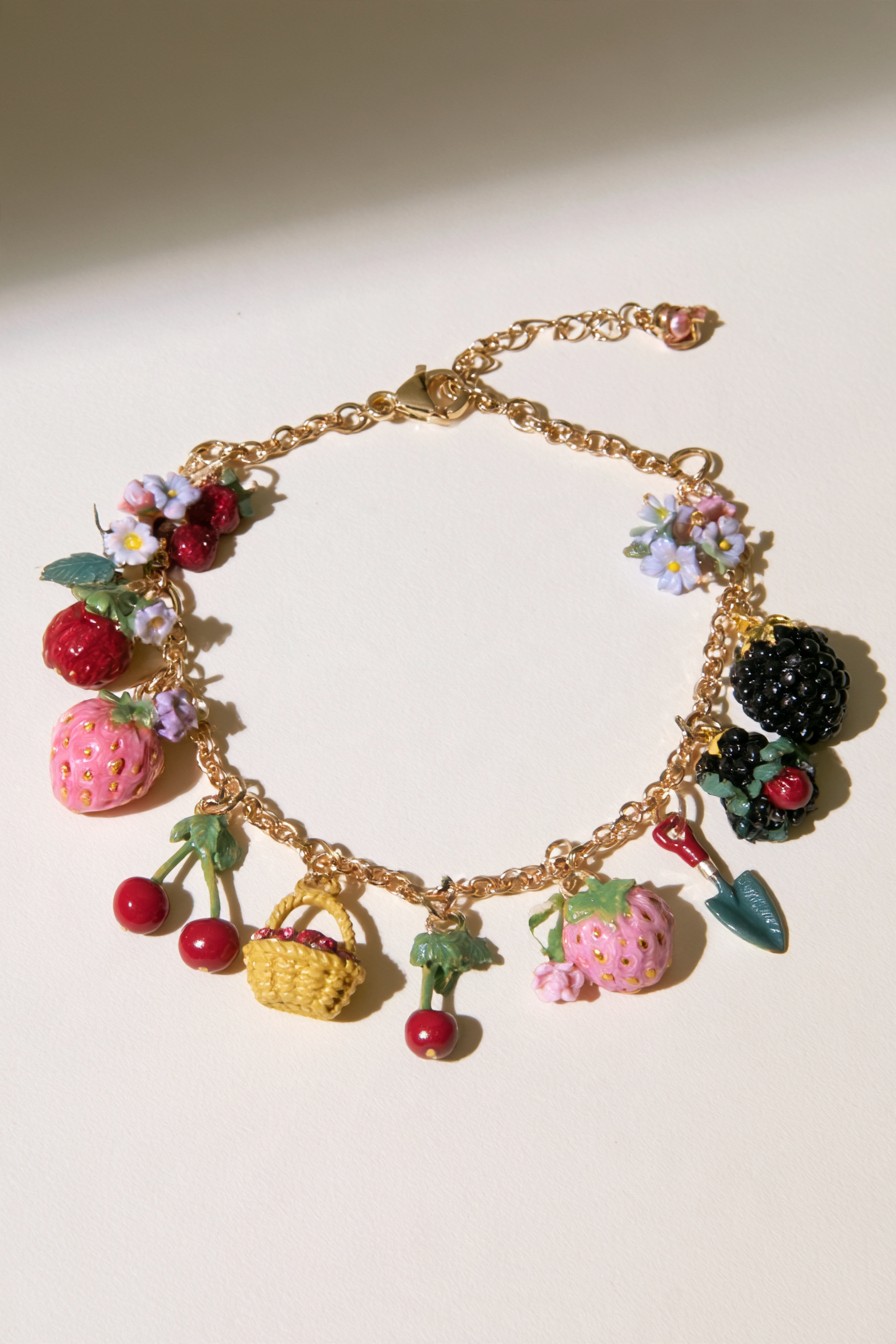 Berry garden bracelet with strawberries cherries blackberries flowers basket and garden tool