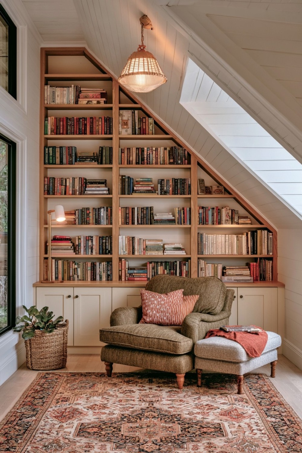 Wraparound bookshelves fitted beneath a sloping attic ceiling