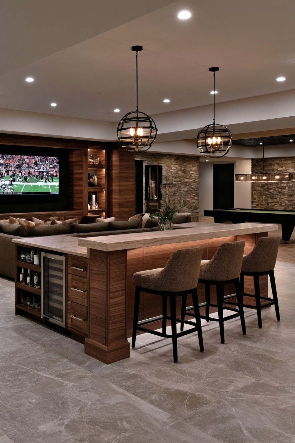 Double-sided basement bar dividing lounge and game areas