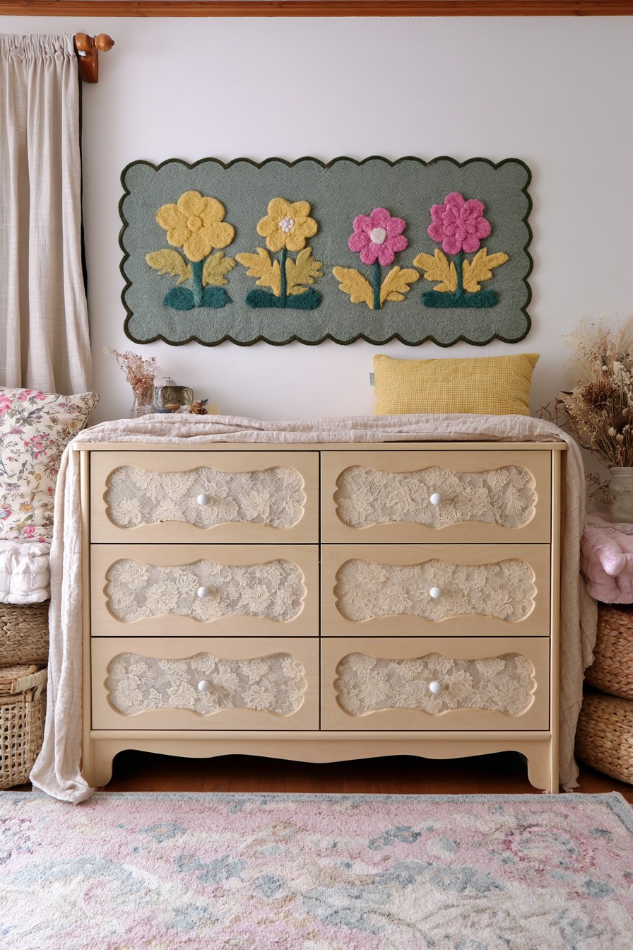 Lace panel drawer fronts on pale wood furniture