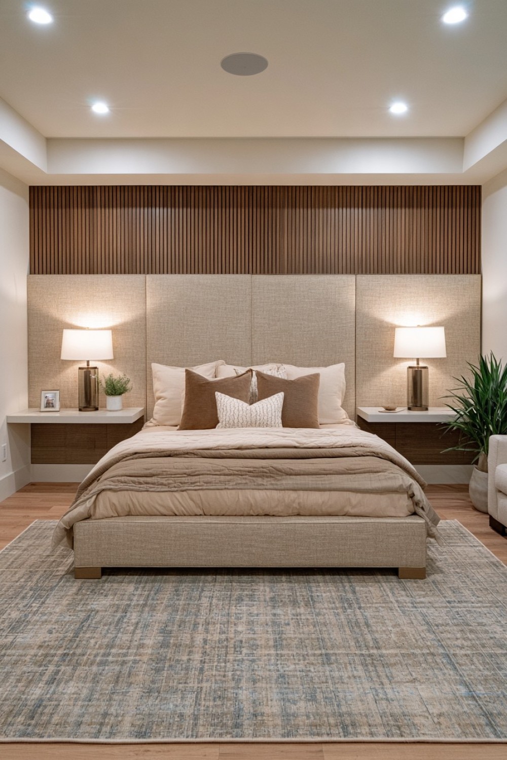 Basement guest suite with a full-width upholstered headboard wall