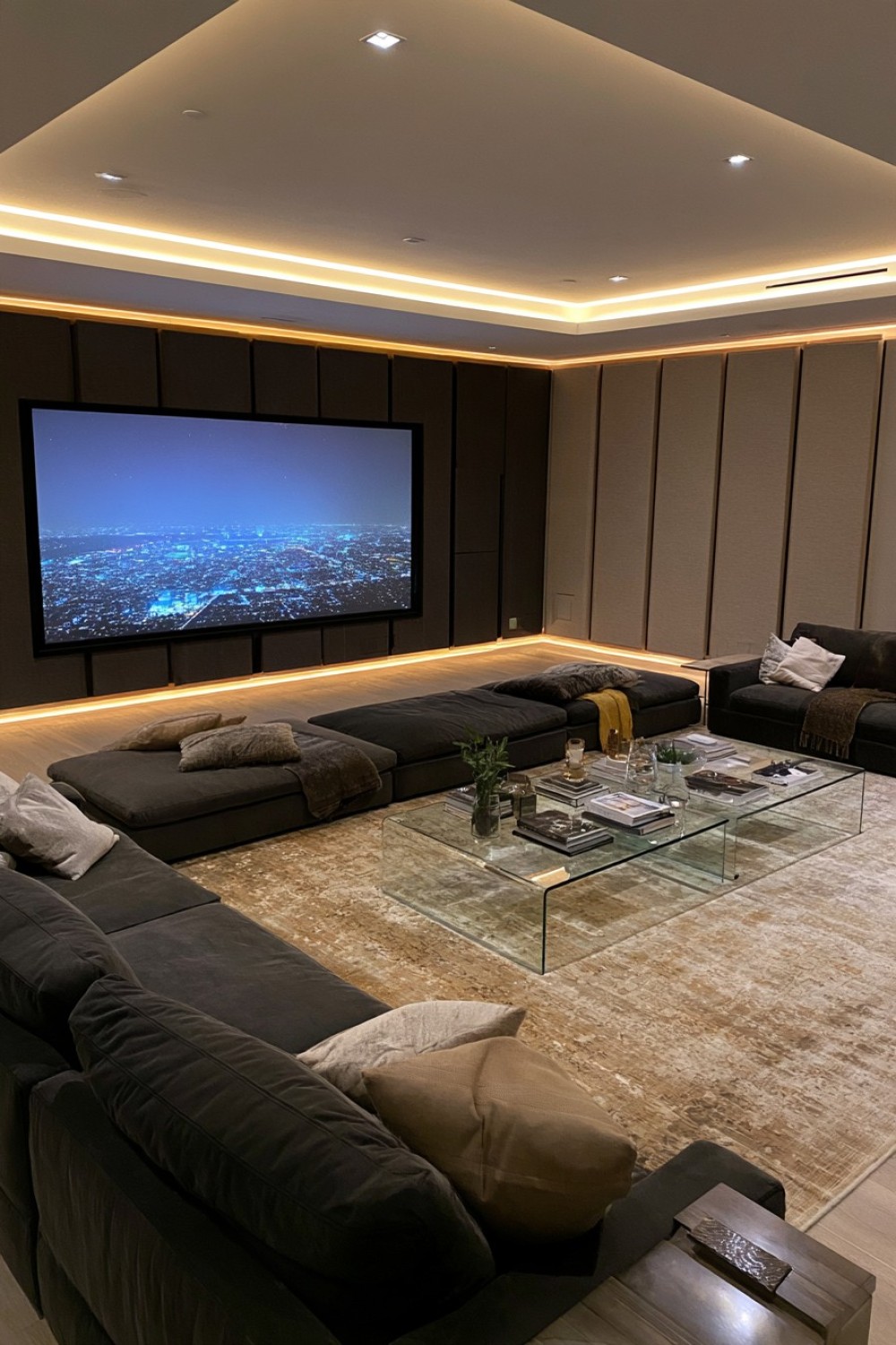 Home theater screen framed with floor-to-ceiling acoustic panels