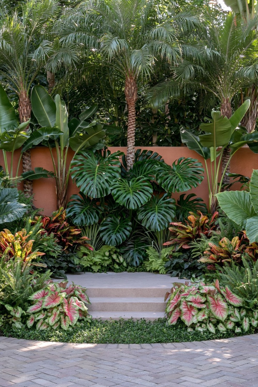 Layered tropical patio planting arranged at several heights