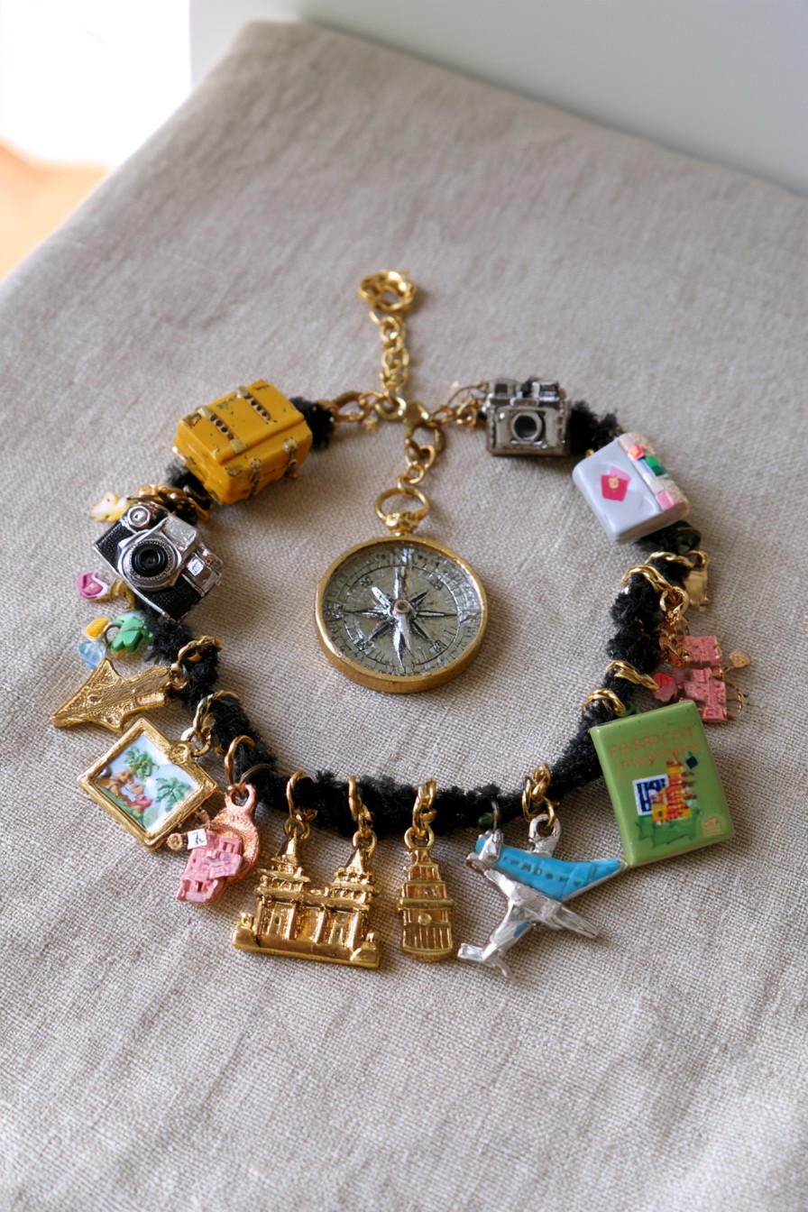 Vintage travel charm bracelet with camera airplane luggage map and compass charms