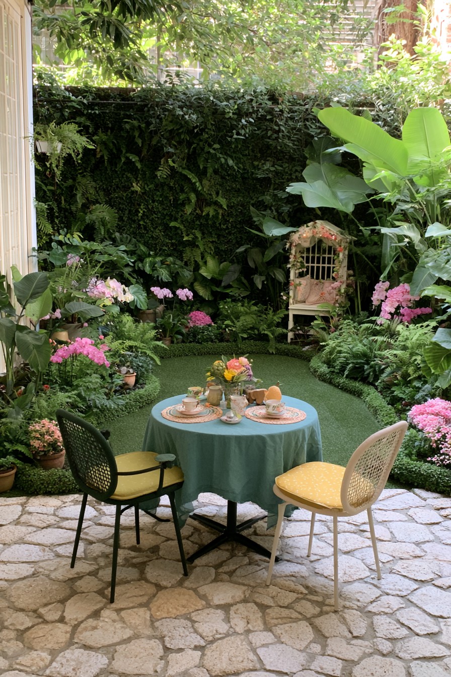 Small stone tea terrace surrounded by tropical foliage and flowers