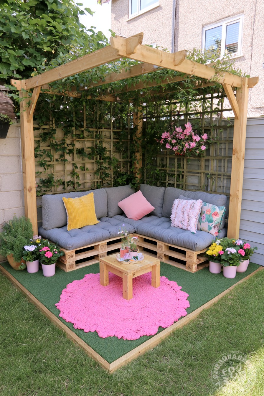 Pergola framed pallet lounge in a compact garden corner