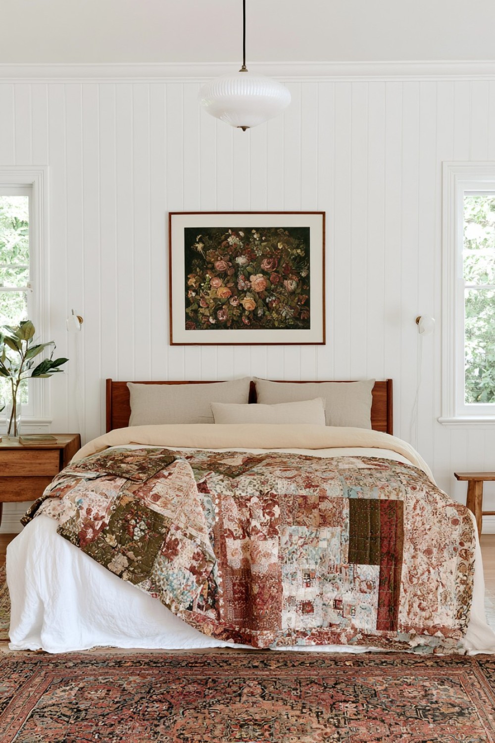 Bohemian bedroom with coordinated patchwork bedding