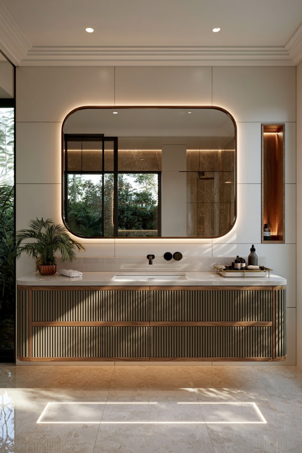 Contemporary bathroom vanity with fluted cabinet fronts