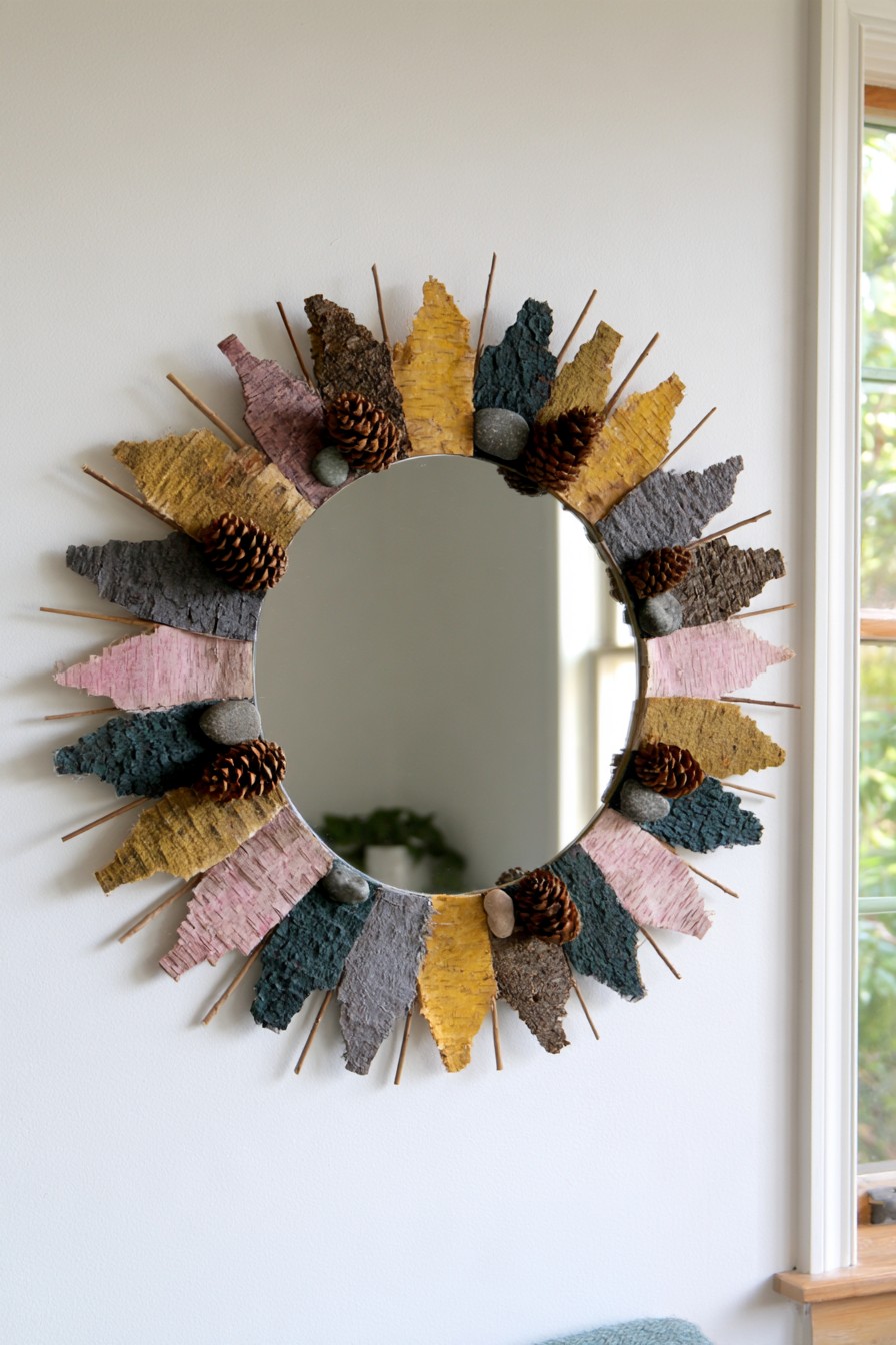 Round mirror framed with radiating bark pieces, twigs, pinecones, and pebbles