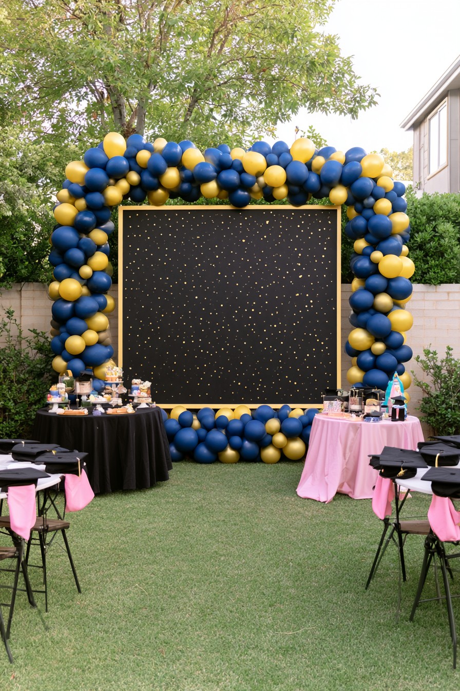 Navy and gold graduation party backdrop