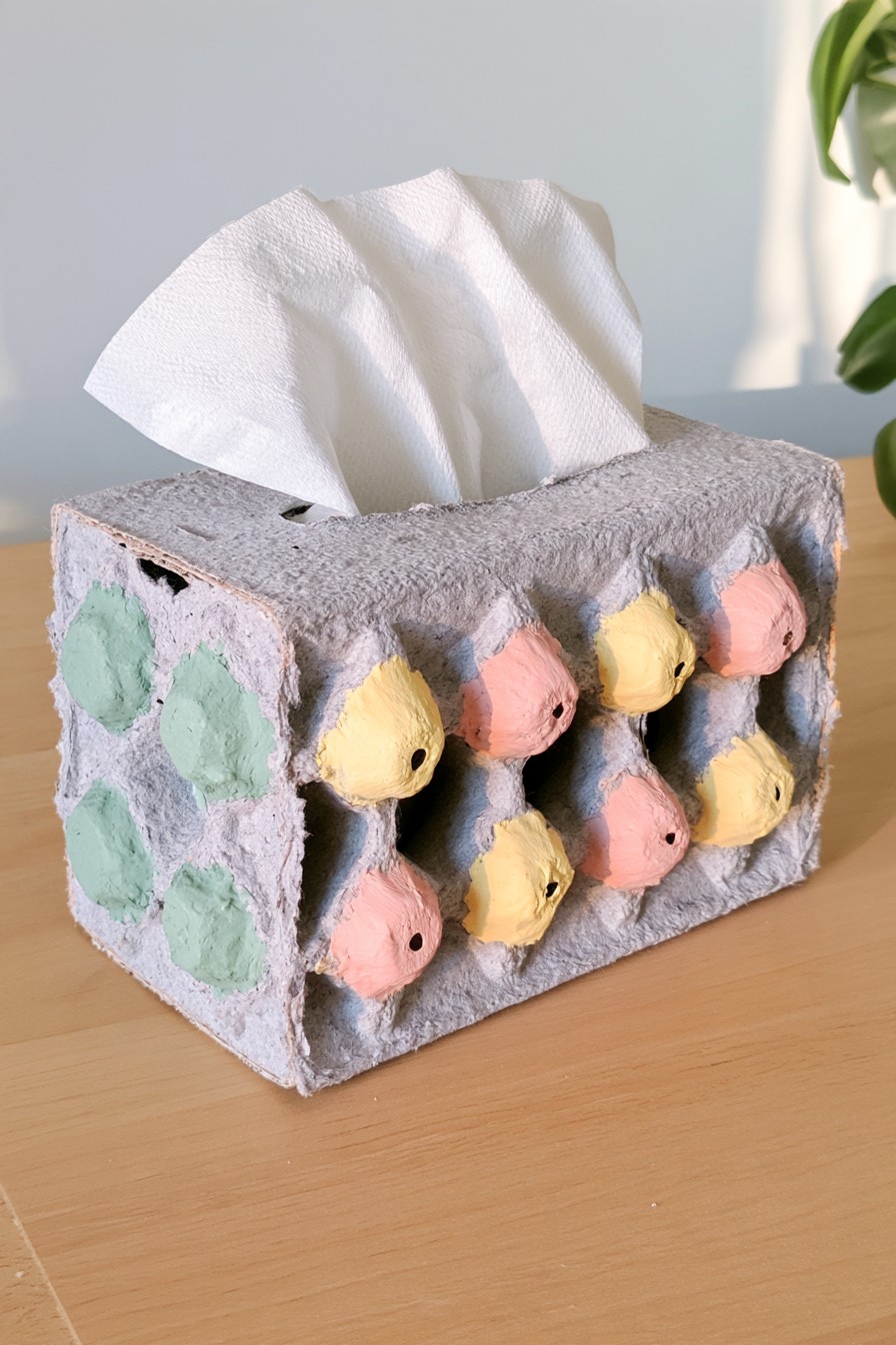 Textured tissue box cover decorated with colorful egg carton pieces