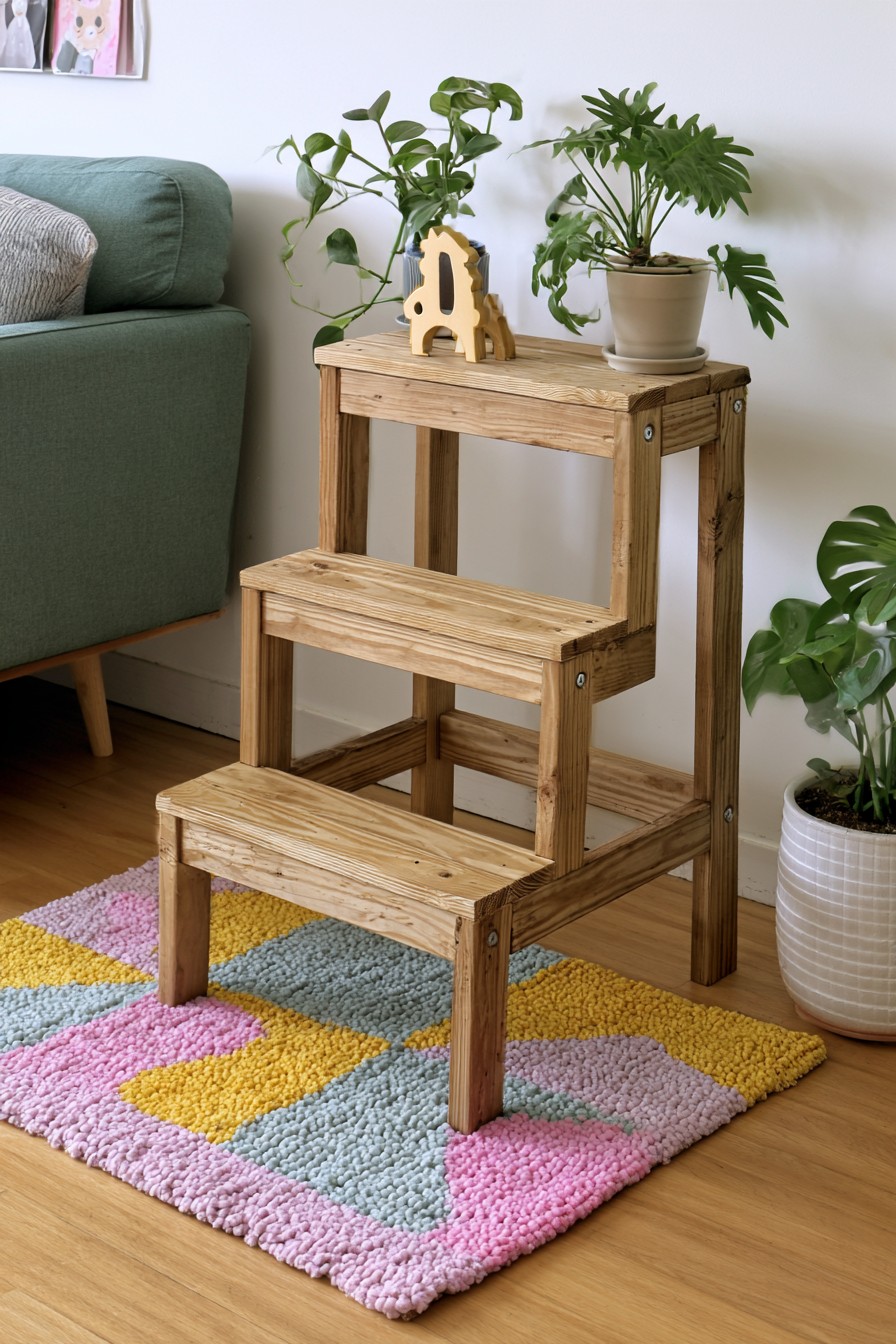 Three tier wooden step stool with a timber frame