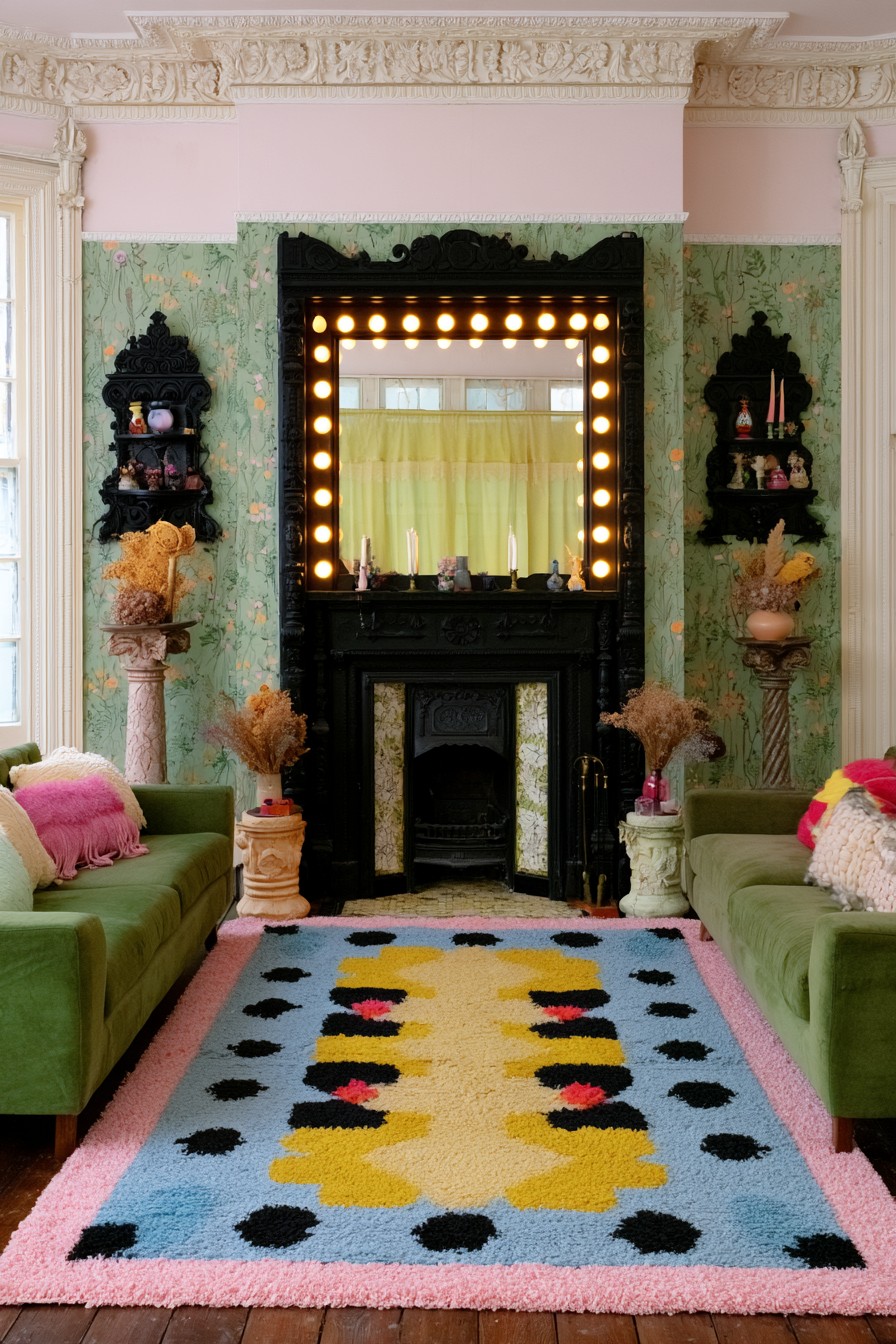 Bulb edged black mirror above a dark fireplace, green botanical walls, facing green sofas, and pink accents