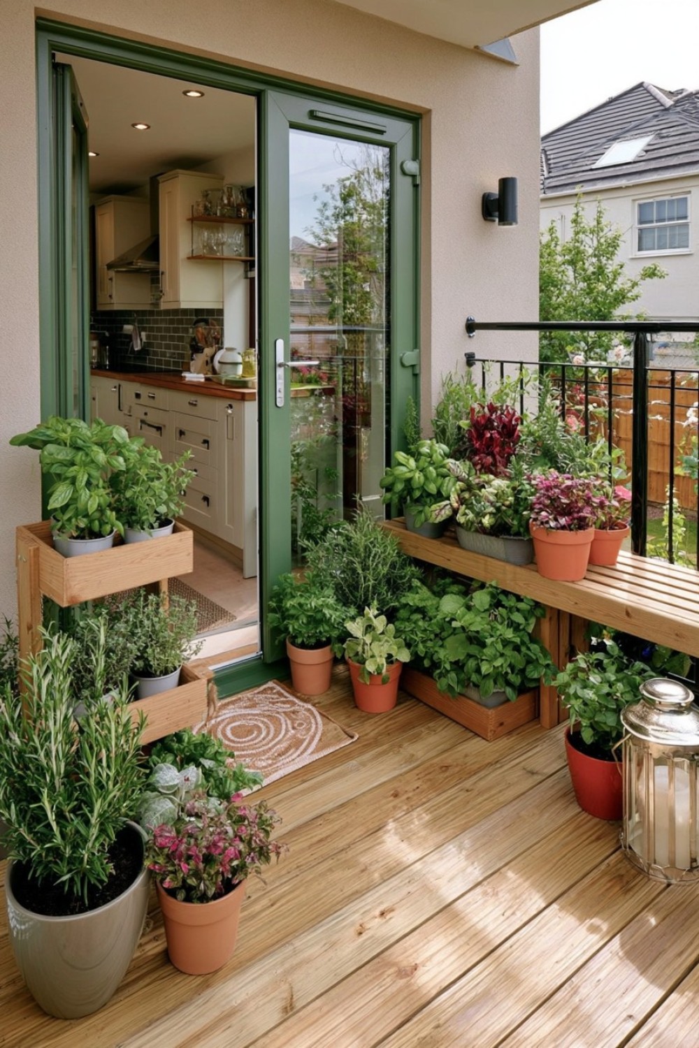 Fragrant balcony herb garden positioned near a kitchen door