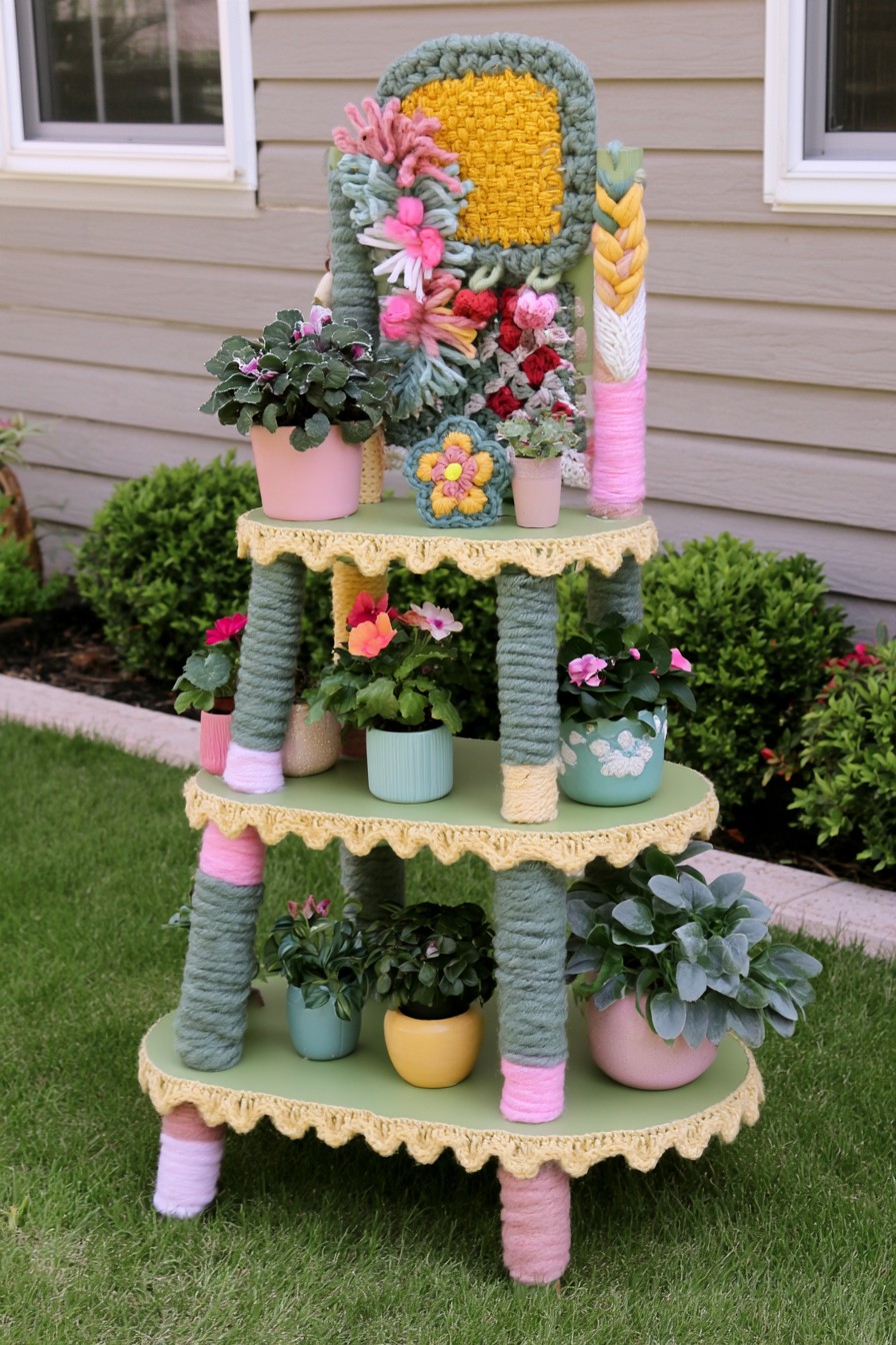 Tiered plant stand decorated with crochet edging and yarn accents