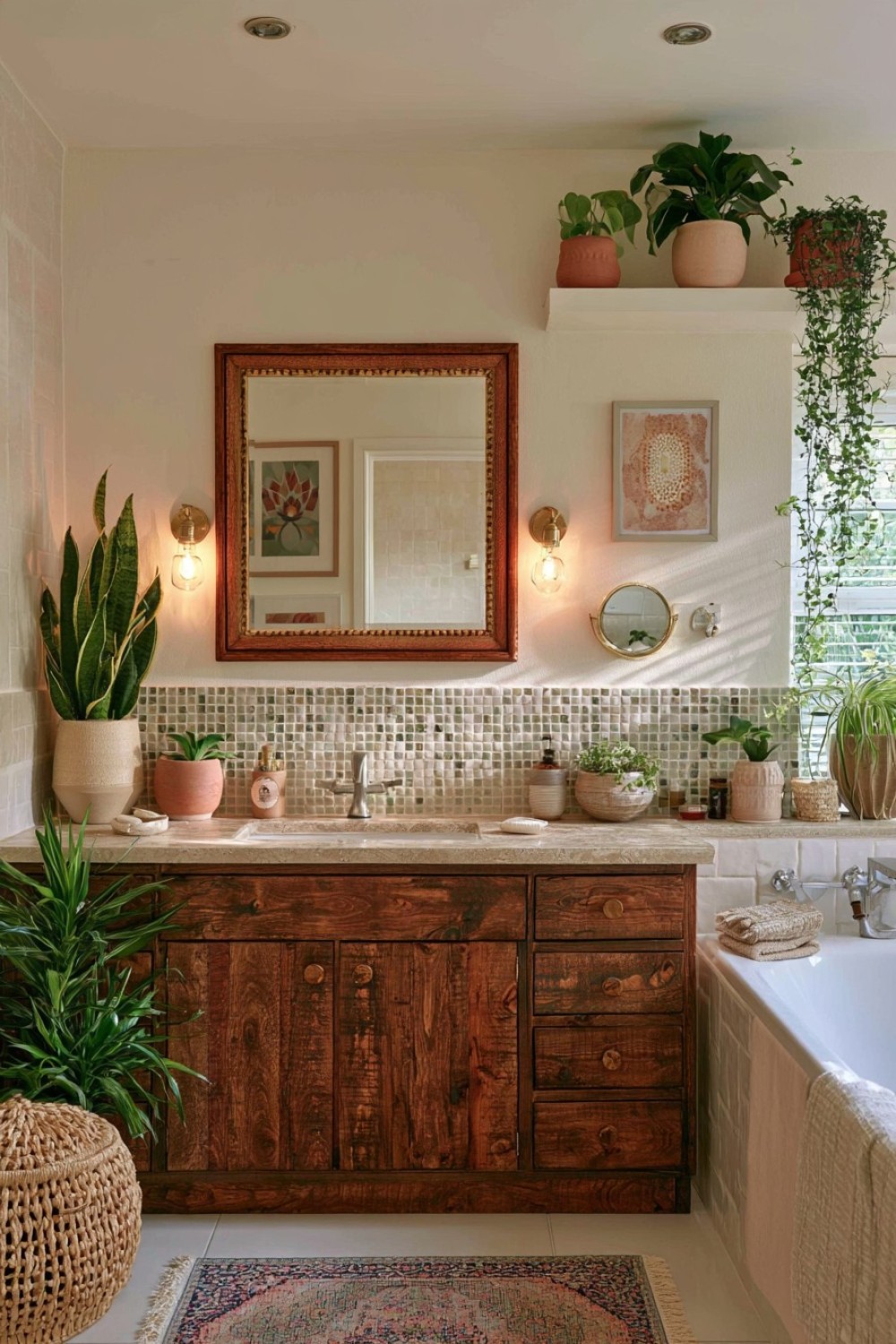 Elevated botanical display in a warm boho bathroom corner