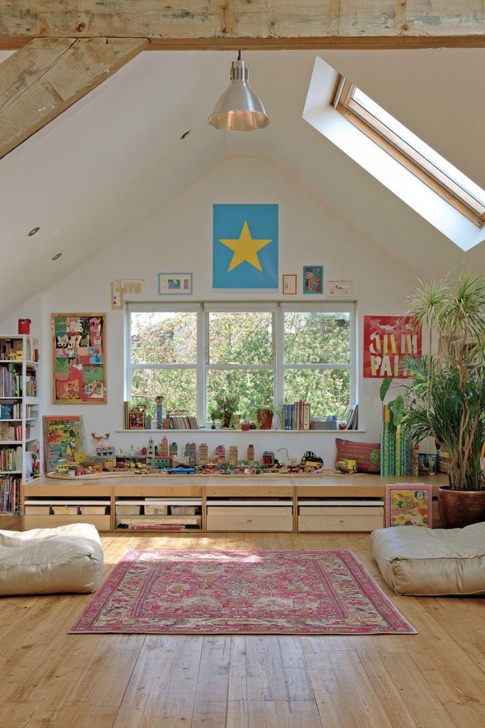 Modular train and small-world platform in an attic playroom