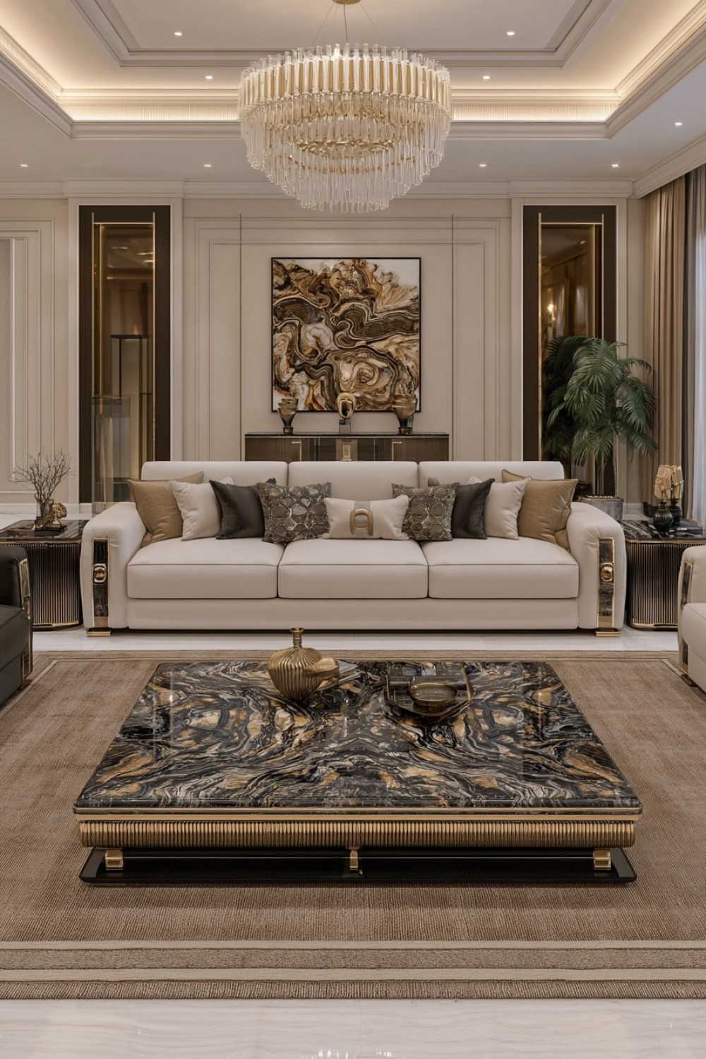 Low cream sofa arranged beside dramatic veined stone surfaces