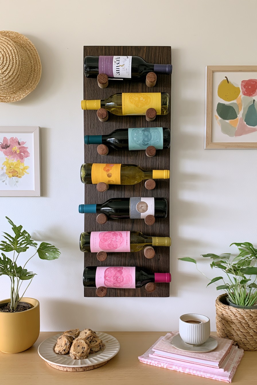 Wall mounted wooden wine rack with peg supports for bottles
