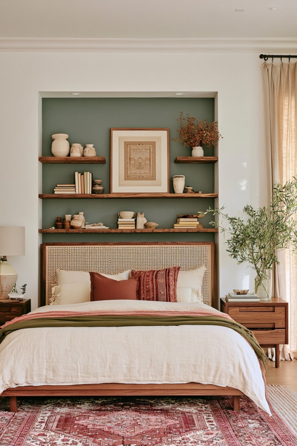 Bohemian bedside niche with built-in display shelves