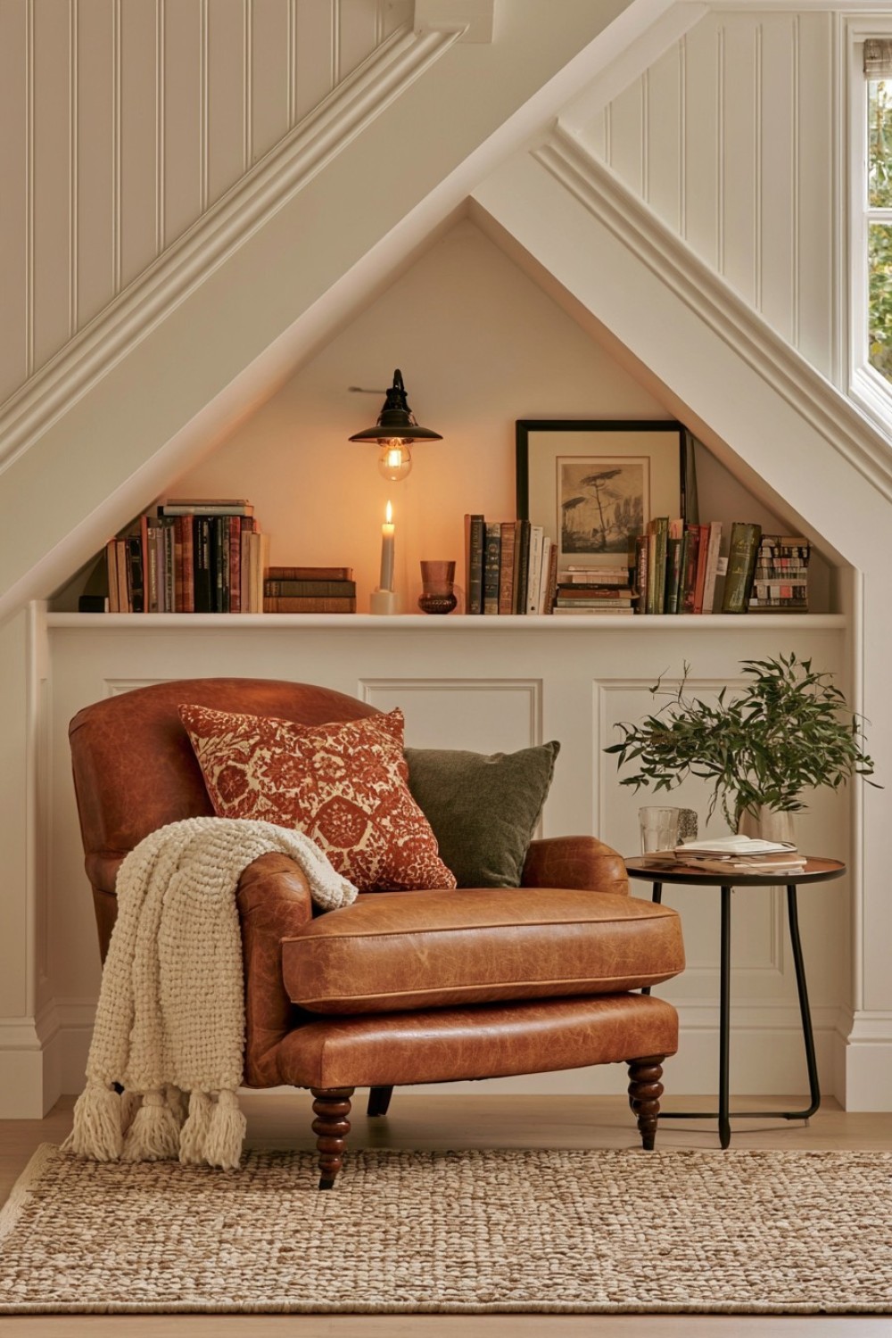 Minimal one-chair attic library positioned beneath the eaves