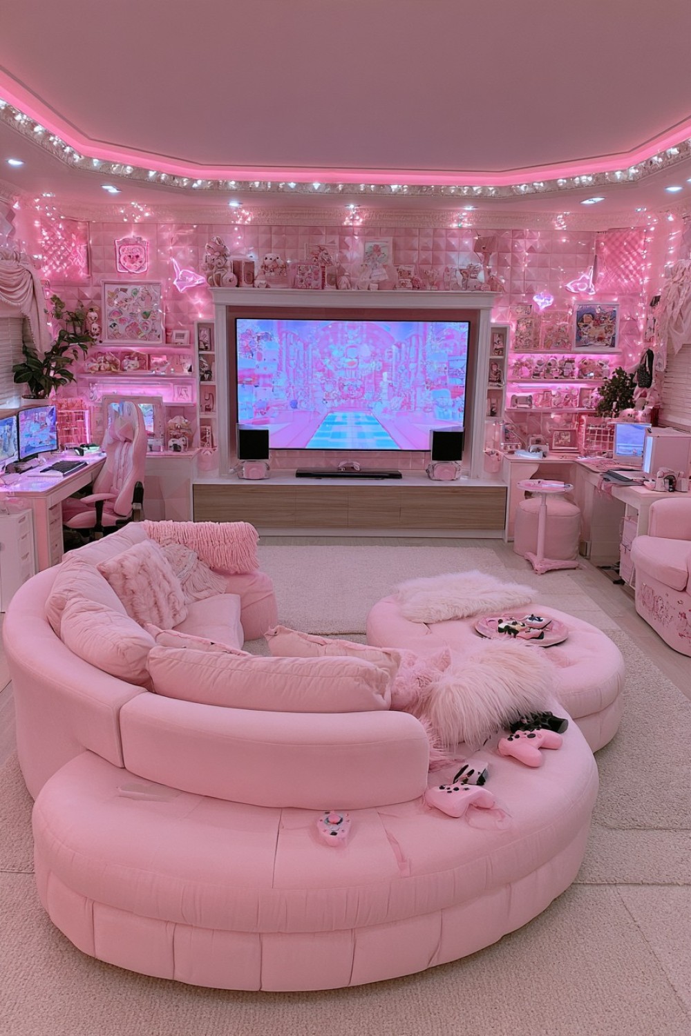 5. Soft Pink Console Lounge With A Curved Sofa
