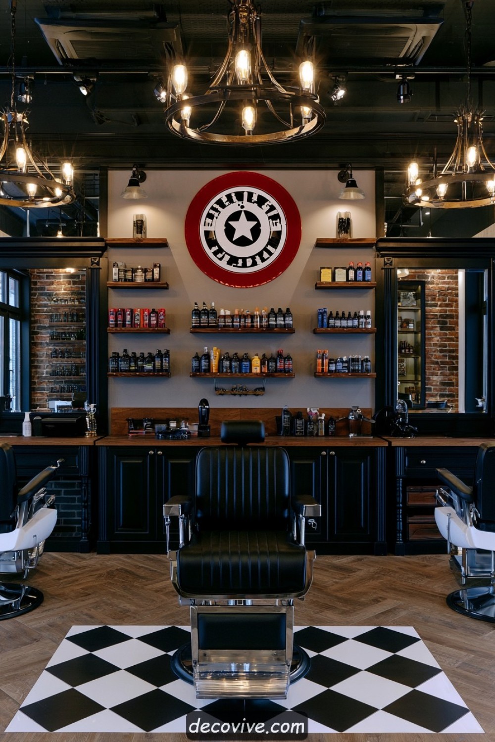 Barber studio retail wall with organized grooming product shelves