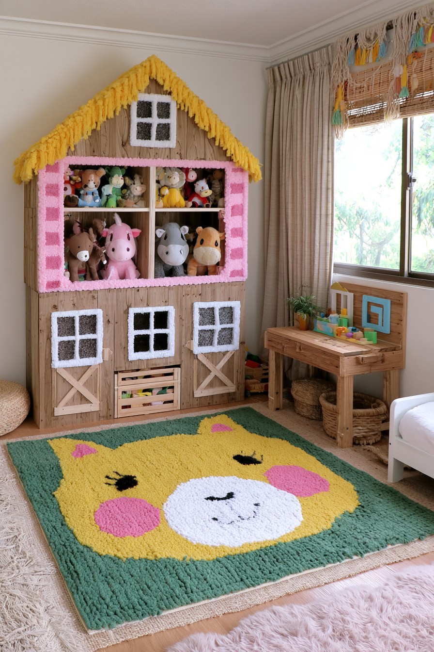 Tall timber barn shaped cabinet with pink framed plush toy cubbies, yellow roof trim, and lower door fronts