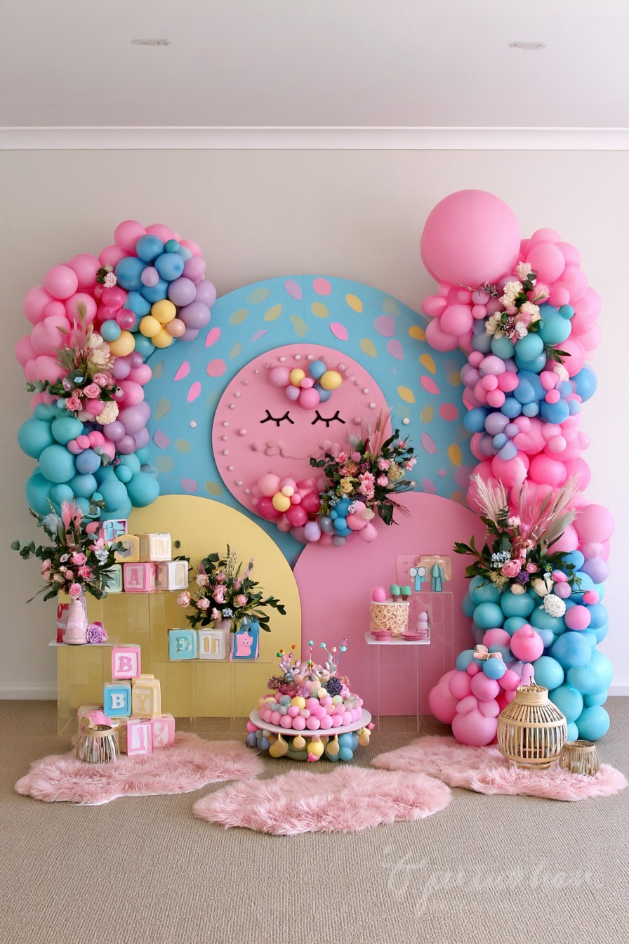 Pastel arch gender reveal backdrop with colorful balloons flowers and dessert pedestals