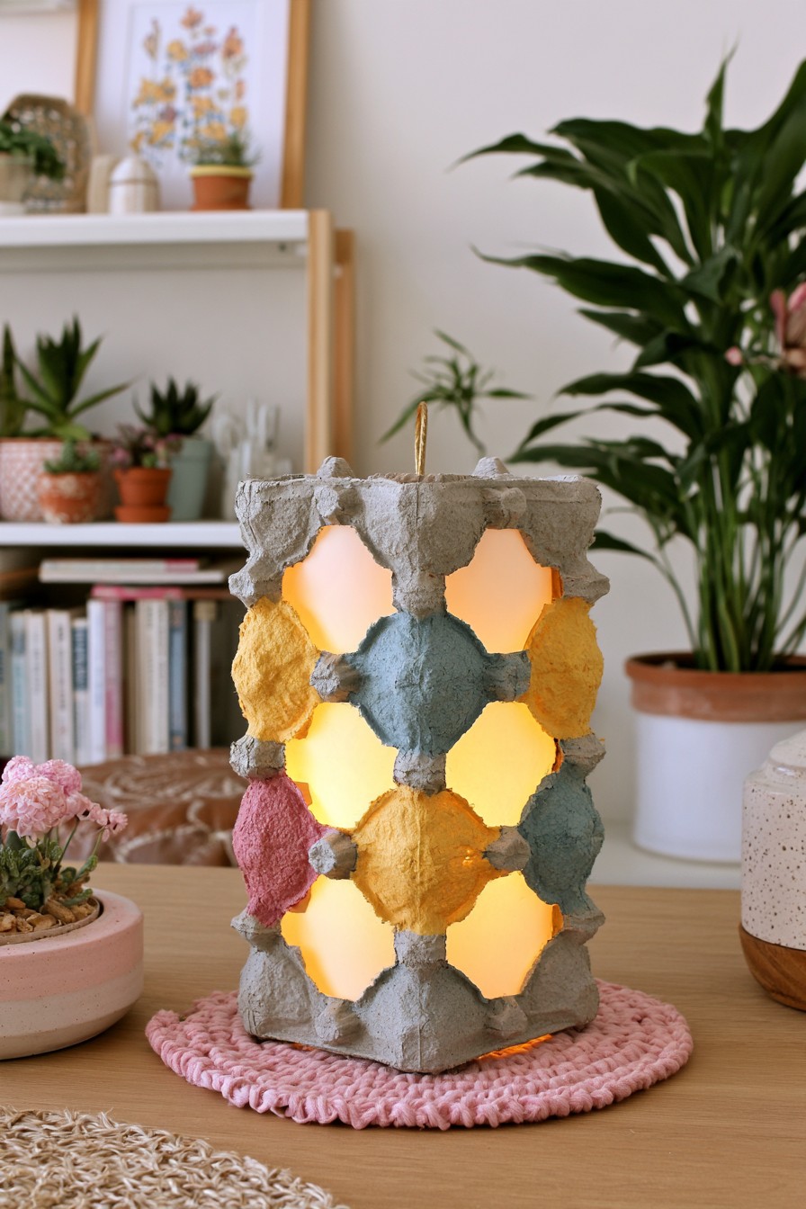 Sculptural table light made from stacked painted egg carton pieces